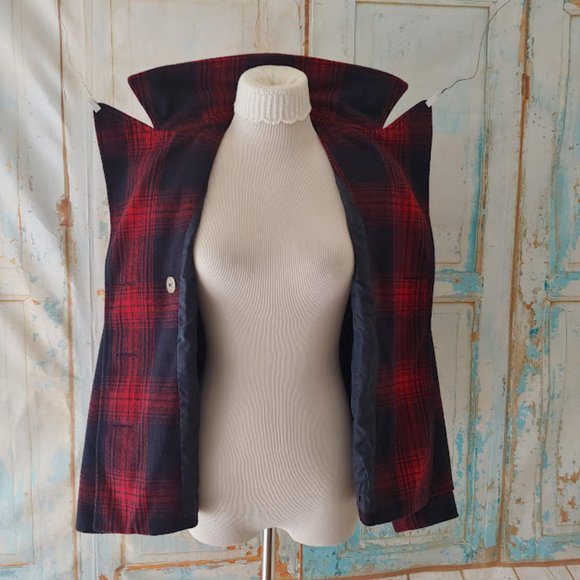 Old Navy plaid wool lined button heavy pea coat/XS/red & navy blue - Picture 9 of 11